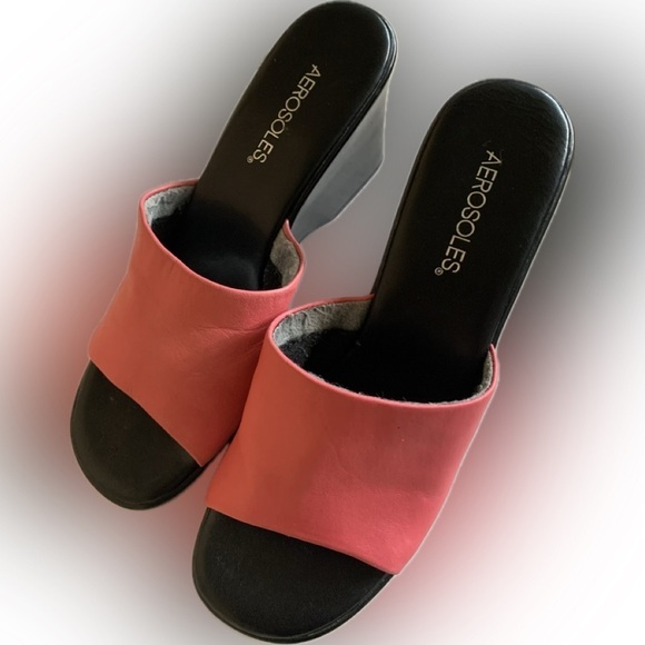 AEROSOLES Shoes - Aerosoles Wedge Sandals Summer Slides Clogs Salmon Pink Leather Heel 3 1/4” 8.5